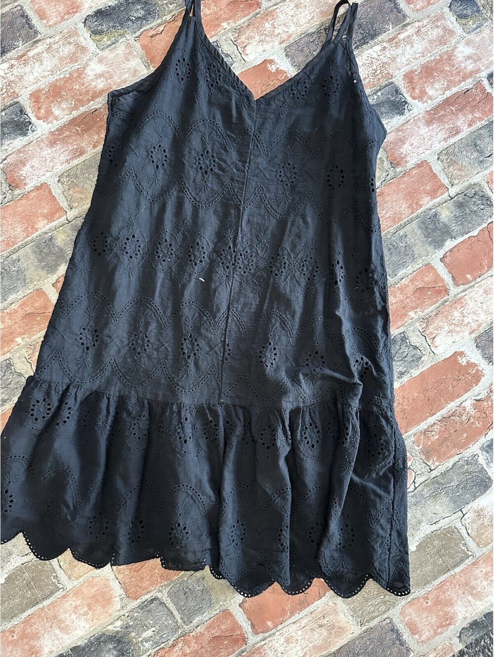 Black Eyelet Tiered Midi Dress Large Spaghetti Strap Scalloped Boho Gothic